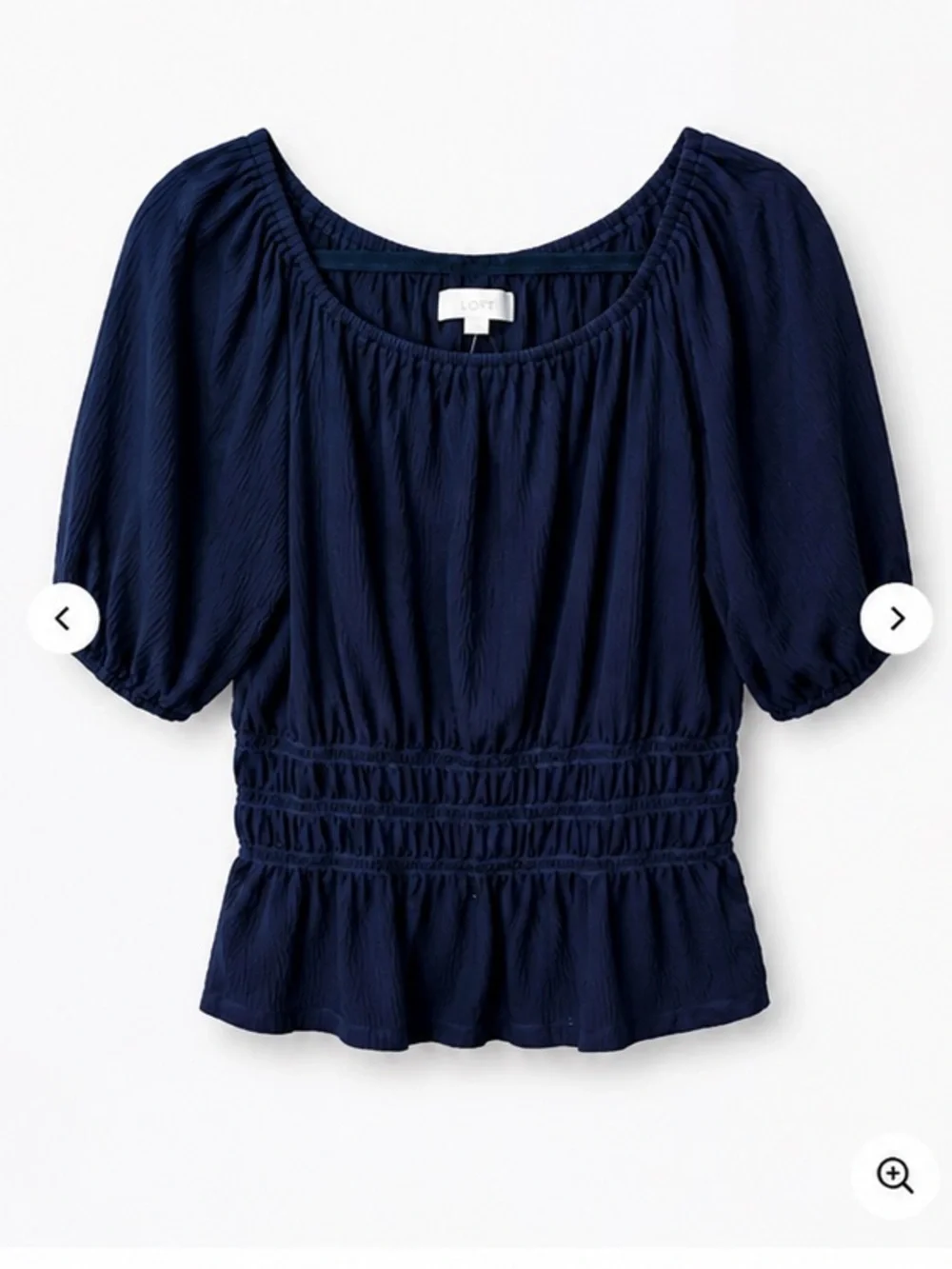 LOFT Navy Puff Sleeve Smocked-Waist Blouse